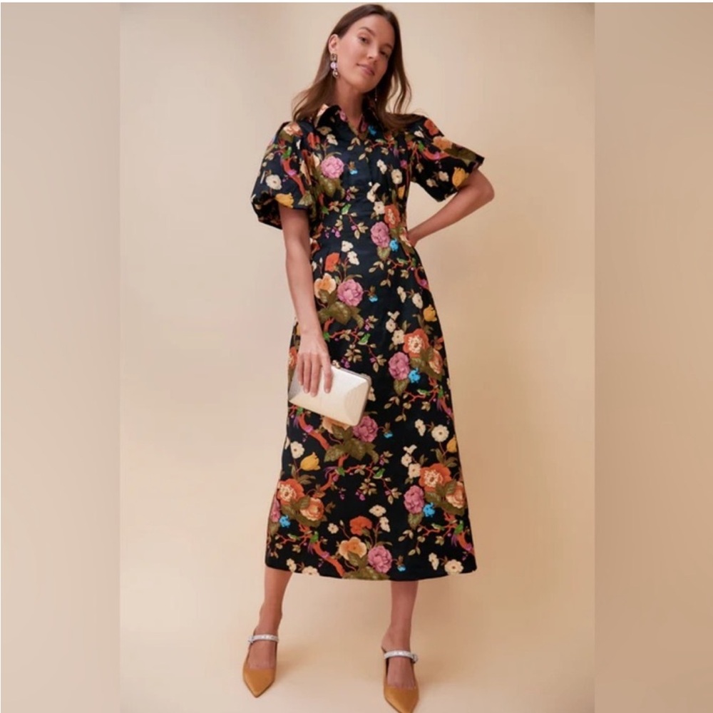 Tuckernuck Black Floral Collared Midi Dress with Puff Sleeves